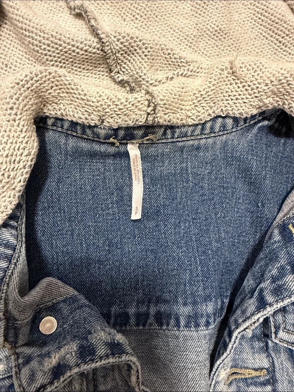 Free people Denim Hooded Jacket with Gray Knit Sleeves - Picture 3 of 6